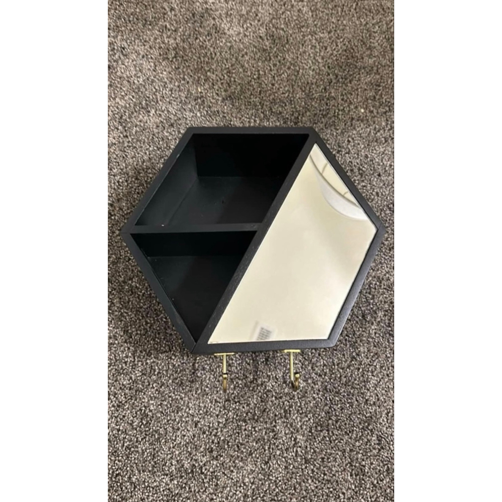 Hexagon Wall Shelf Mirror and Hooks Display